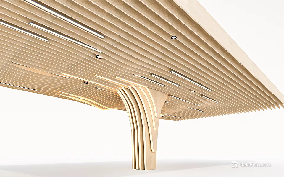 Modern Wooden Slatted Ceiling Design With Integrated Lighting And Curved Support Structure 3d model