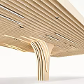 Modern Wooden Slatted Ceiling Design With Integrated Lighting And Curved Support Structure 3d model