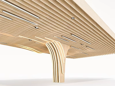 Modern Wooden Slatted Ceiling Design With Integrated Lighting And Curved Support Structure 3d model