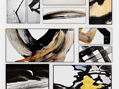 Abstract Paintings Collection With Black White Yellow Orange Brushstrokes And Flowing Forms 3d model
