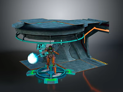 Game Movie Character in Futuristic Platform With Glowing Blue Orange Lines Wearing Orange Green Armor 3d model
