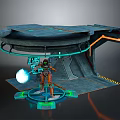 Game Movie Character in Futuristic Platform With Glowing Blue Orange Lines Wearing Orange Green Armor