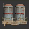 Household Blue Water Storage Tanks With Red Warning Signs And Metal Platform Stairs