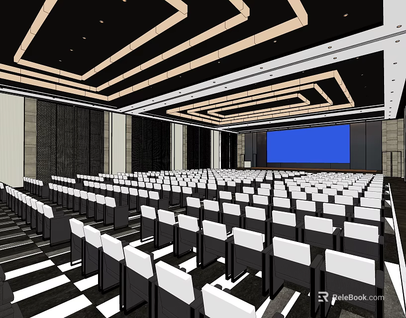 Modern Conference Room With Rows Of White Chairs Blue Screen And Ceiling Design 3d model 