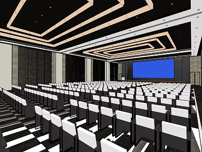 Modern Conference Room With Rows Of White Chairs Blue Screen And Ceiling Design 3d model