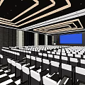 Modern Conference Room With Rows Of White Chairs Blue Screen And Ceiling Design