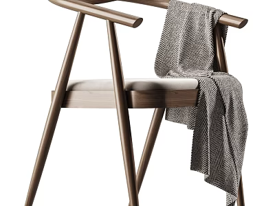 Modern Minimalist Solid Wood Single Chair With Soft Upholstered Seat And Cozy Knitted Blanket 3d model