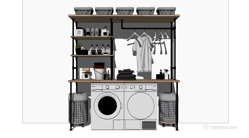 Modern Bathroom Cabinet Rack With Washing Machine Dryer Storage Baskets And Laundry Supplies 3d model 
