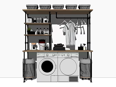 Modern Bathroom Cabinet Rack With Washing Machine Dryer Storage Baskets And Laundry Supplies 3d model