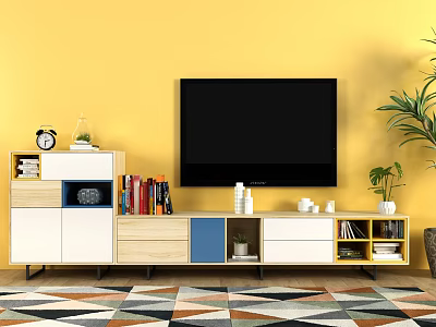 TV Stand with White Wooden Blue Design and Books Plants Clock Cups on Yellow Wall 3d model