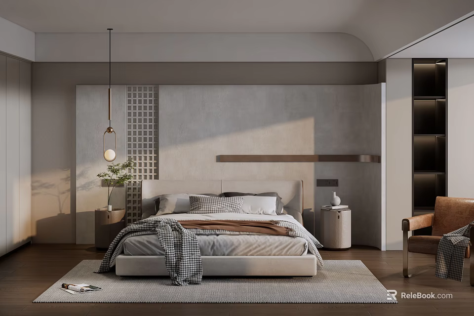Modern Bedroom Interior With Lattice Accent Wall Pendant Light Nightstand And Layered Bedding 3d model 