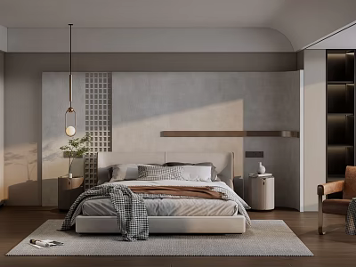 Modern Bedroom Interior With Lattice Accent Wall Pendant Light Nightstand And Layered Bedding 3d model