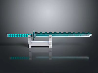 Turquoise Pixelated Sword 3D Model on White Stand with Reflective Surface 3d model