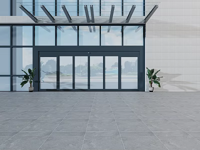 Modern Glass Building Entrance Gate With Metal Canopy And Potted Plants 3d model