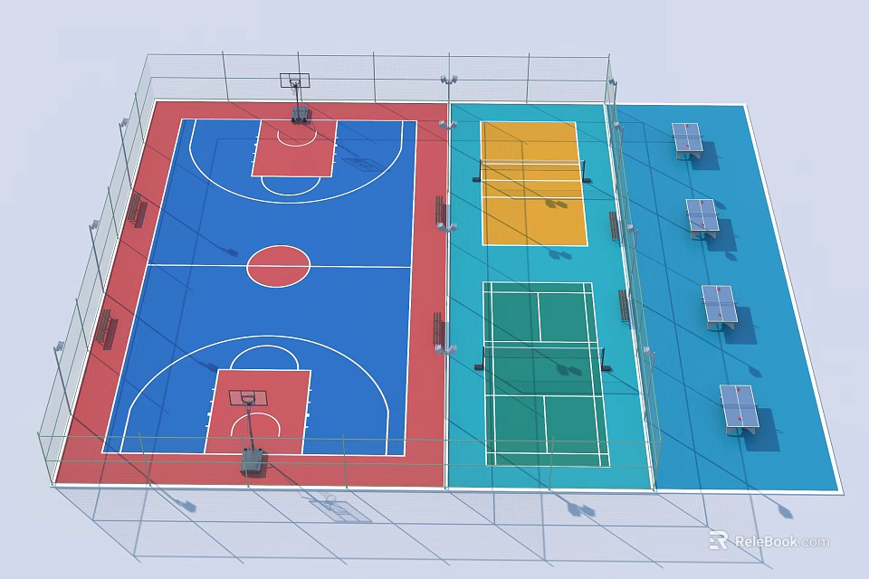 Indoor Basketball Court Featuring Blue Red Flooring Multi Sport Zones And Surrounding Nets 3d model 