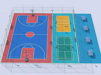 Indoor Basketball Court Featuring Blue Red Flooring Multi Sport Zones And Surrounding Nets 3d model
