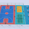 Indoor Basketball Court Featuring Blue Red Flooring Multi Sport Zones And Surrounding Nets