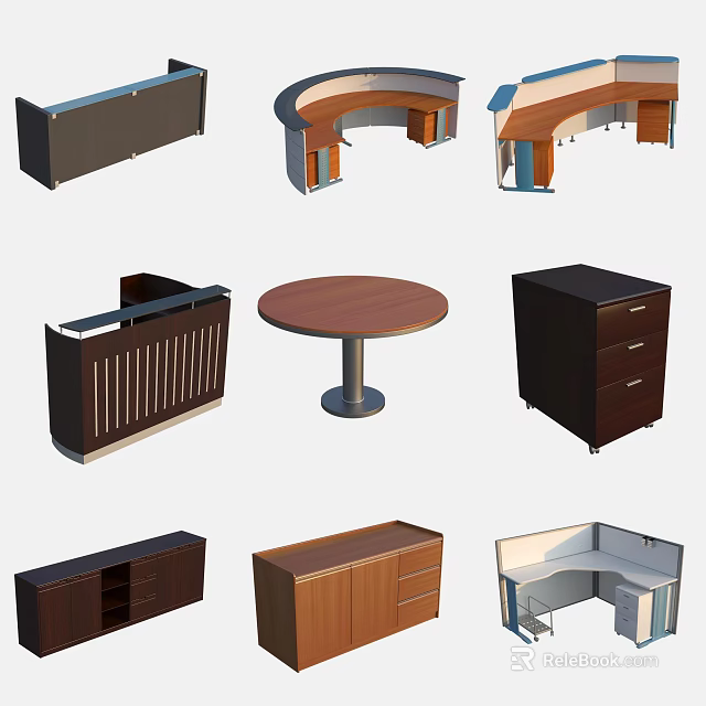 Different Shaped Office Desks Including Round L Shaped Curved And Wooden Designs 3d model 