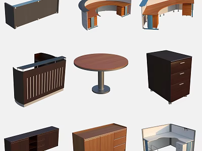 Different Shaped Office Desks Including Round L Shaped Curved And Wooden Designs 3d model