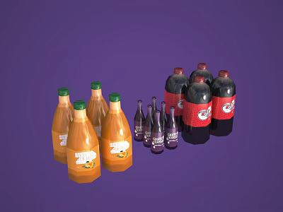 Assorted Bottled Beverages Including Orange Juice Small Dark Drinks And Red Label Cola On Purple Background 3d model
