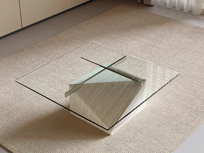 Modern Coffee Table With Glass Top And Wooden Base On Living Room Carpet 3d model