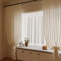 Beige Curtains And White Sheer Panels On Window Sill With Potted Plant And Striped Cushion