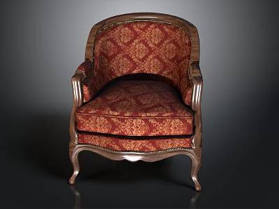 Elegant Classic Armchair Red Patterned Fabric Upholstered With Gold Metal Frame And Ornate Curved Legs 3d model