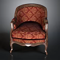 Elegant Classic Armchair Red Patterned Fabric Upholstered With Gold Metal Frame And Ornate Curved Legs