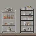 Kitchen Storage Shelves With Microwave Spices Pots Dishes Kettle And Plants