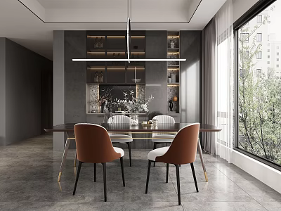 Modern Dining and Living Room Interior With Dining Table Chairs Pendant Light and Window View 3d model