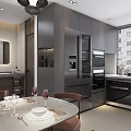 Modern Living And Dining Room Interior With Marble Accent Wall Fireplace And Gray Sofa