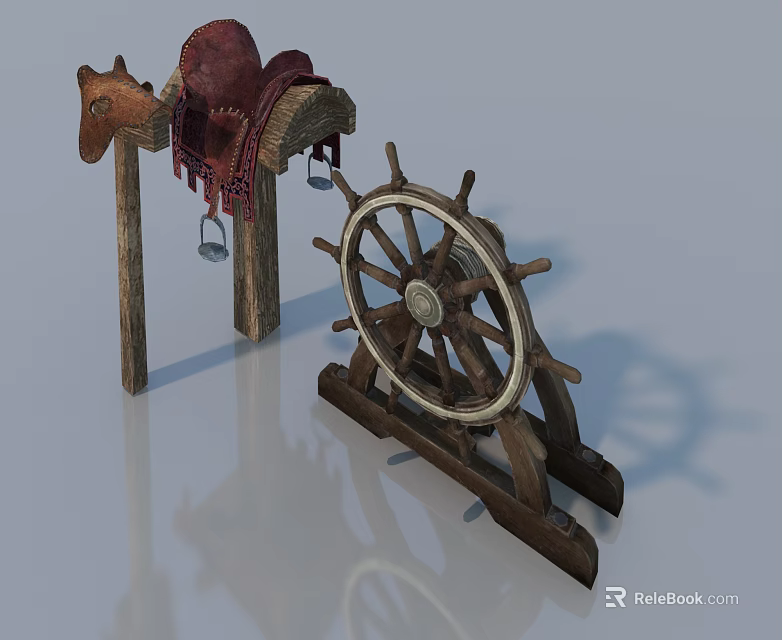 Vintage Wooden Single Chair With Rustic Saddle And Spinning Wheel Decor 3d model 
