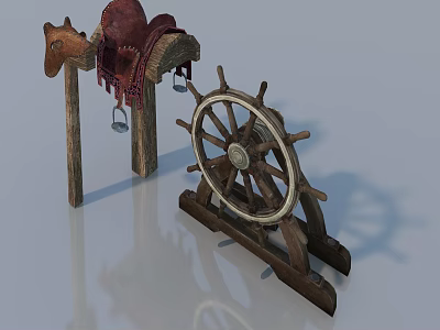 Vintage Wooden Single Chair With Rustic Saddle And Spinning Wheel Decor 3d model