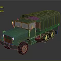 Green Military Truck With Canvas Cover Multiple Wheels And Blue Warning Light