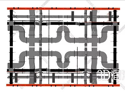 Building Engineering Pipe System Layout Design with Structural Framework and Plan 3d model