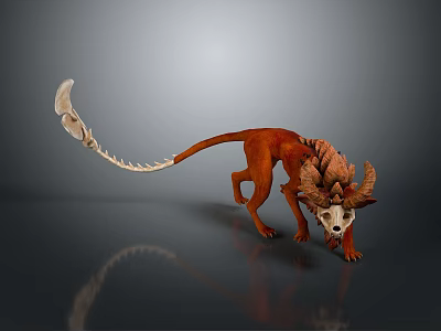 Game Movie Fantasy Character with Red Fur Long Skeletal Tail Tip Horned Head Dynamic Pose 3d model
