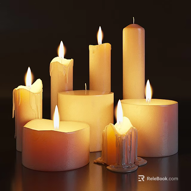 Warm Lit Candle Lamp With Various Shapes Sizes And Melting Wax On Dark Background 3d model 