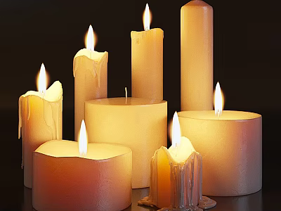 Warm Lit Candle Lamp With Various Shapes Sizes And Melting Wax On Dark Background 3d model
