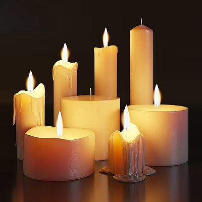 Warm Lit Candle Lamp With Various Shapes Sizes And Melting Wax On Dark Background 3d model