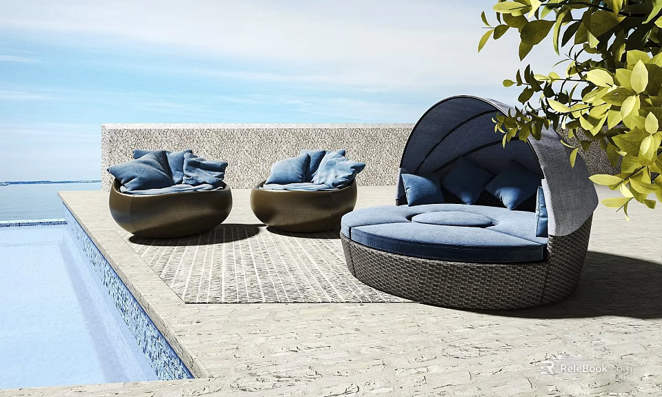 Outdoor Wicker Sofa With Blue Cushions On Poolside Patio Area 3d model 