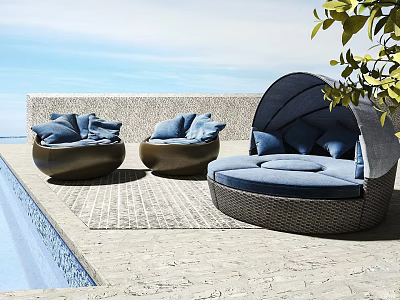 Outdoor Wicker Sofa With Blue Cushions On Poolside Patio Area 3d model