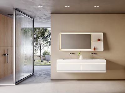Modern White Wall Mounted Bathroom Vanity with Double Sinks Mirrored Lighting and Natural View 3d model