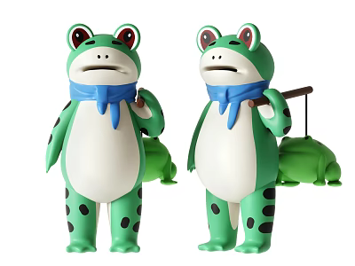 Two Cute Green Frog Dolls With Red Eyes Blue Scarves And Small Frog Carrying Stick 3d model