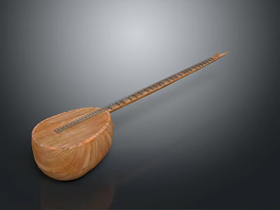 Wooden String Instrument with Long Neck Round Soundbox and Detailed Wood Grain Musical Equipment 3d model