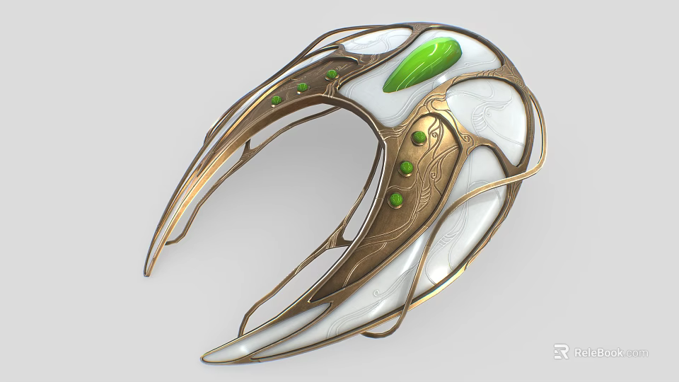 Ornate Golden And White Curved Decorative Piece With Green Gemstones And Carved Patterns 3d model 