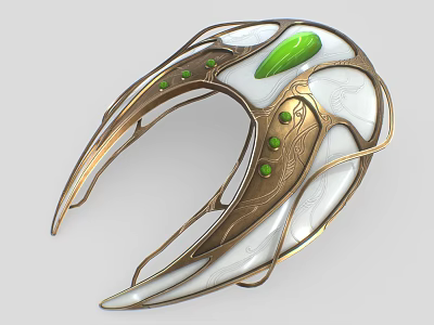 Ornate Golden And White Curved Decorative Piece With Green Gemstones And Carved Patterns 3d model