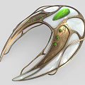 Ornate Golden And White Curved Decorative Piece With Green Gemstones And Carved Patterns