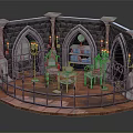 Cartoon Medieval Scene with Stone Walls Arched Windows Bookshelf Red Chairs and Candelabras