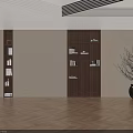 Modern Built in Bookshelf Design With Lighting And Decorative Vase In Herringbone Wooden Floor Interior
