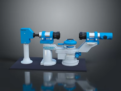 Blue And White Industrial Precision Equipment Featuring Multiple Mechanical Components On Black Platform 3d model